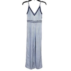Japna Embroidered Striped Spaghetti Strap Wide Leg Jumpsuit Blue & White